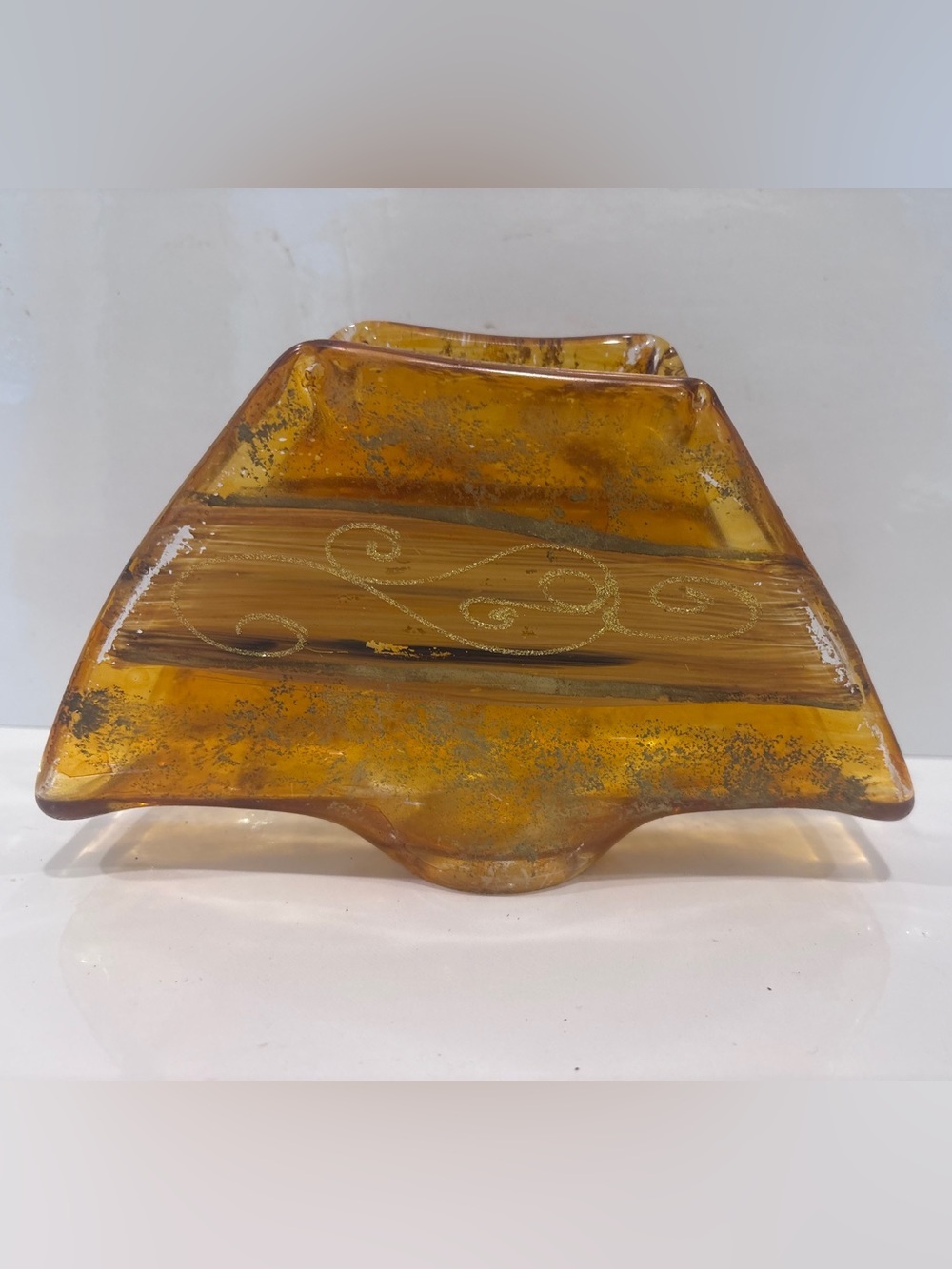 Vintage handmade fused art glass napkin holder amber gold metallic swirl